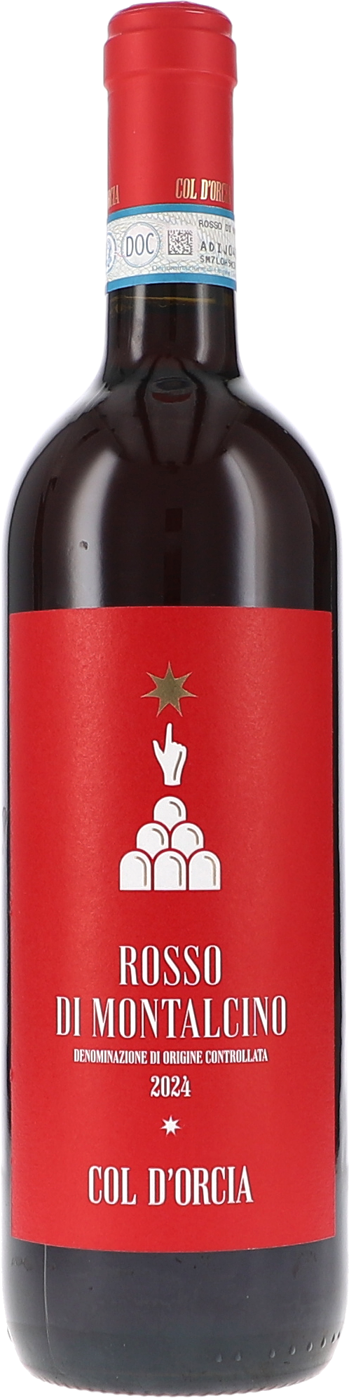 Rotwein, Glasflasche, Roter Flaschenverschluss, Rotes Etikett, Rosso di Montalcino