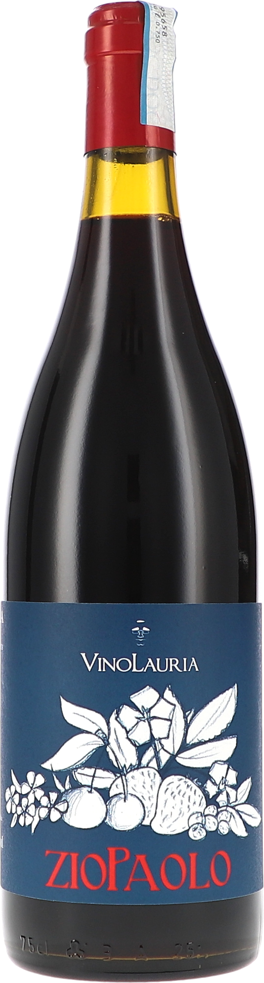 Rotwein, Weinflasche, dunkles Glas, blaue Etikette, roter Verschluss
