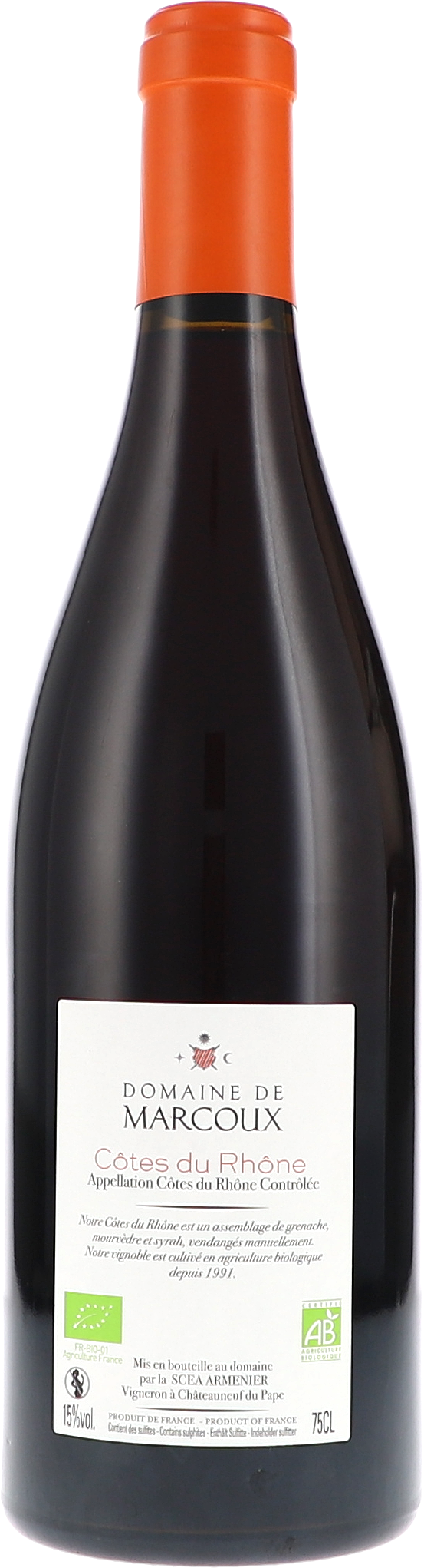 weinflasche, rotverschluss, côtes-du-rhône, domaine de marcoux, 750 ml