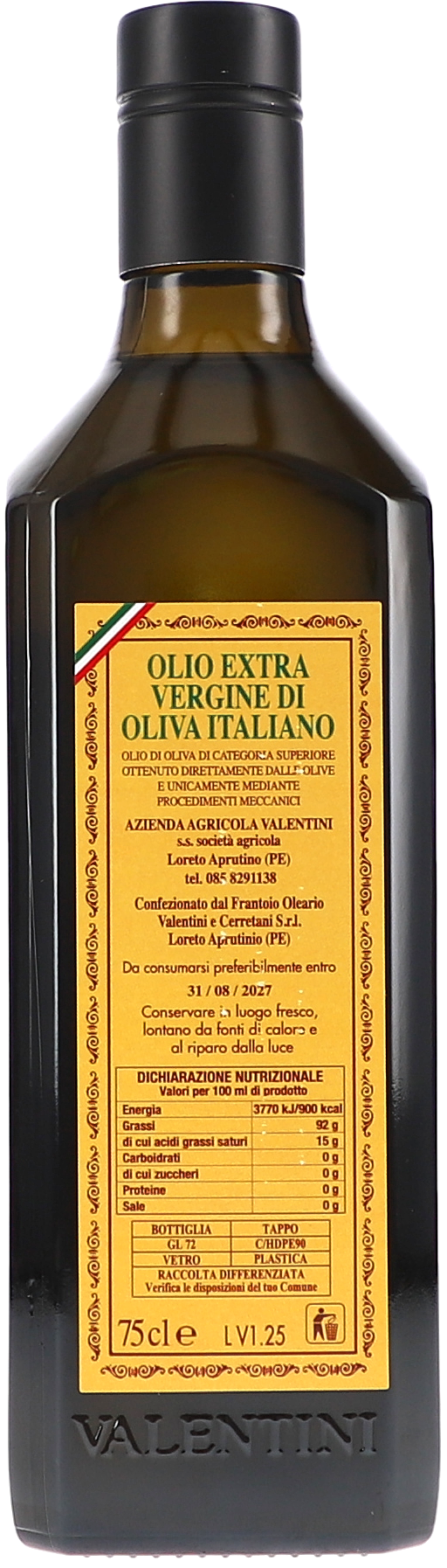 olivenöl, extra vergine, glasflasche, 75 cl, italienische kennzeichnung
