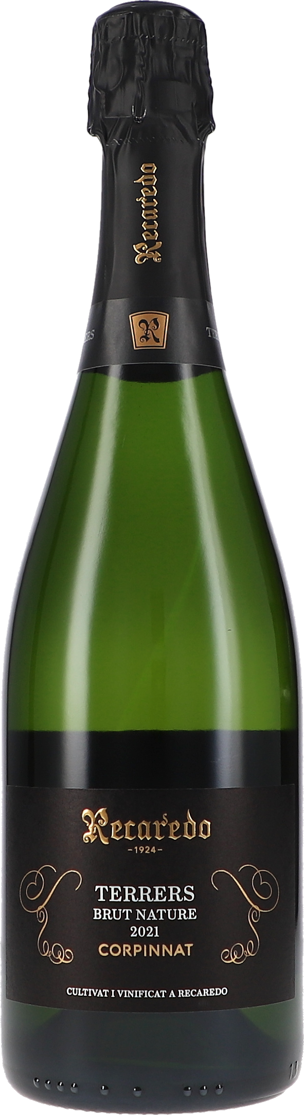 Schaumwein, Grüne Glasflasche, Schwarzes Etikett, Brut Nature, Corpinnat