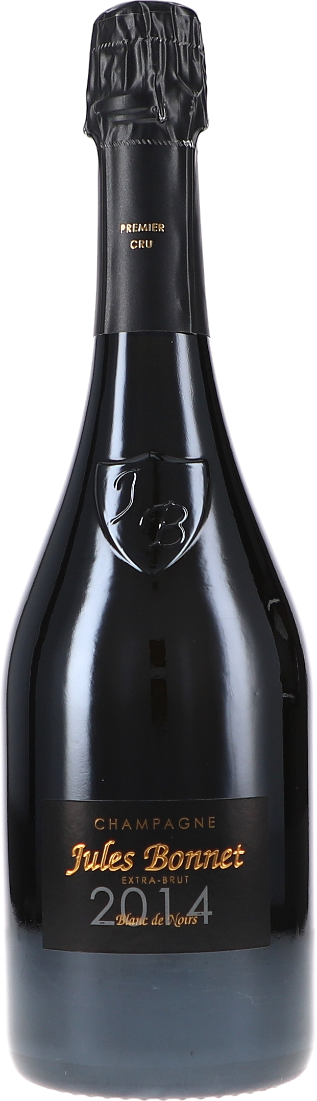Jules Bonnet, Blanc de Noirs Premier Cru Extra Brut champagne, Flasche, Sekt, schwarz, Folienkappe