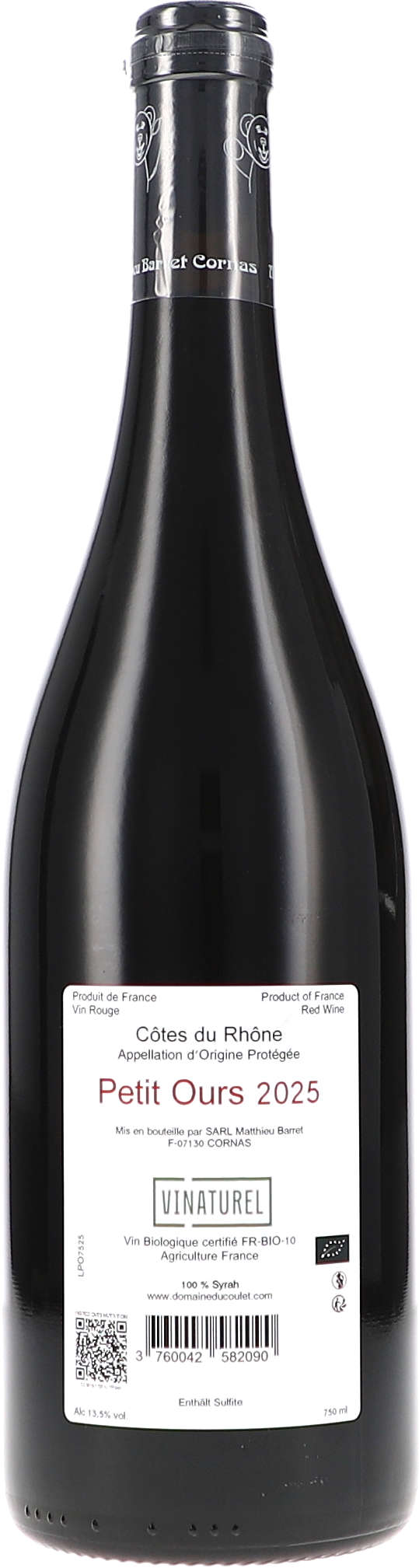 Rotwein, Côtes du Rhône, Petit Ours 2025, Bio-Wein, Glasflasche