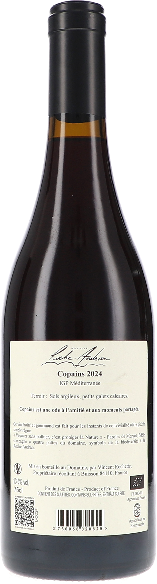 Rotwein, Dunkle Farbe, Bordeaux-Flasche, Etiketttext, 75cl