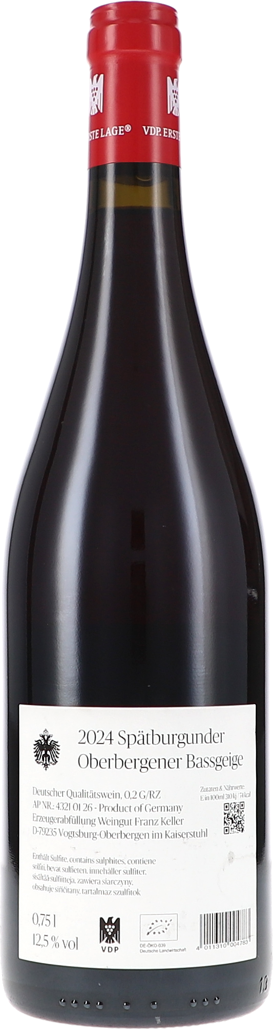 Rotwein, Spätburgunder, Glasflasche, rote Kapsel, Jahrgang 2024