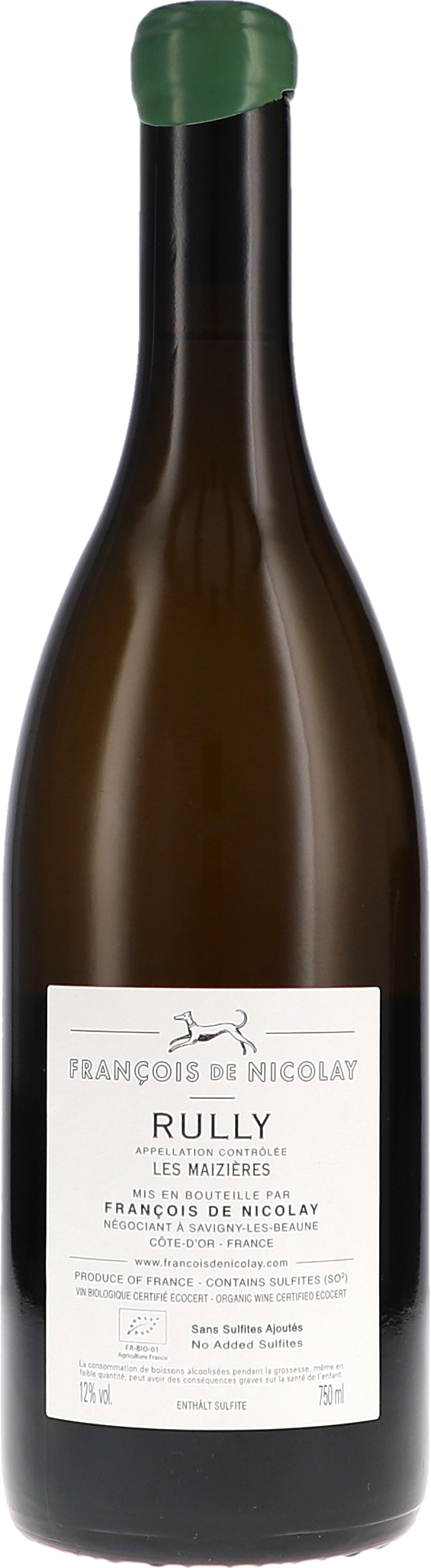 Weinflasche, braunes Glas, grüner Kapsel, weiße Etikette, Frankreich