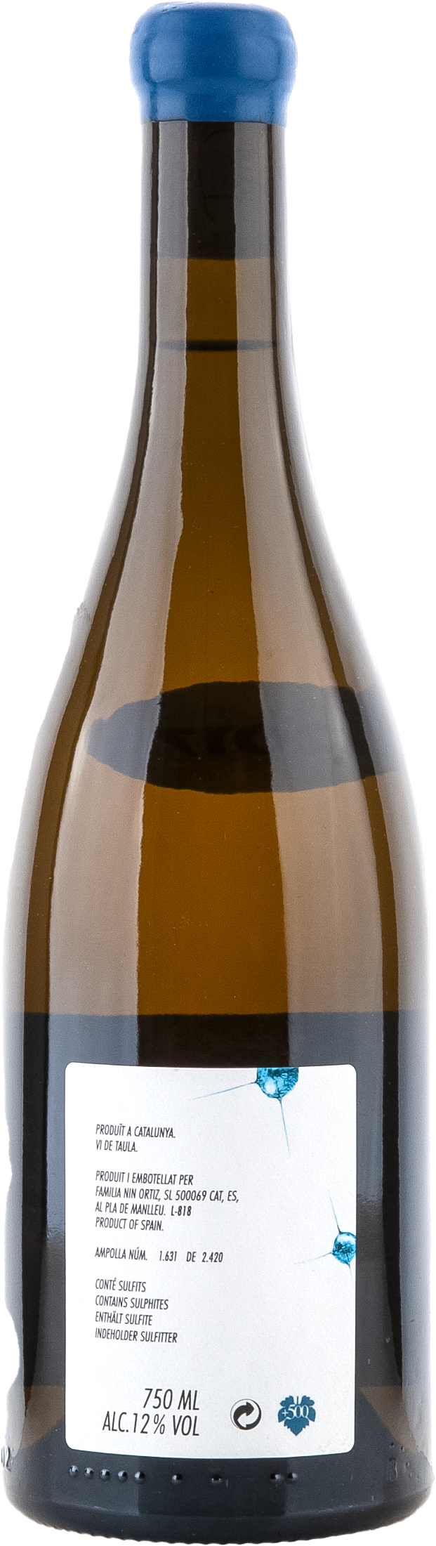 weinflasche, glasflasche, 750 ml, alkoholgehalt 12%, blauer kronkorken