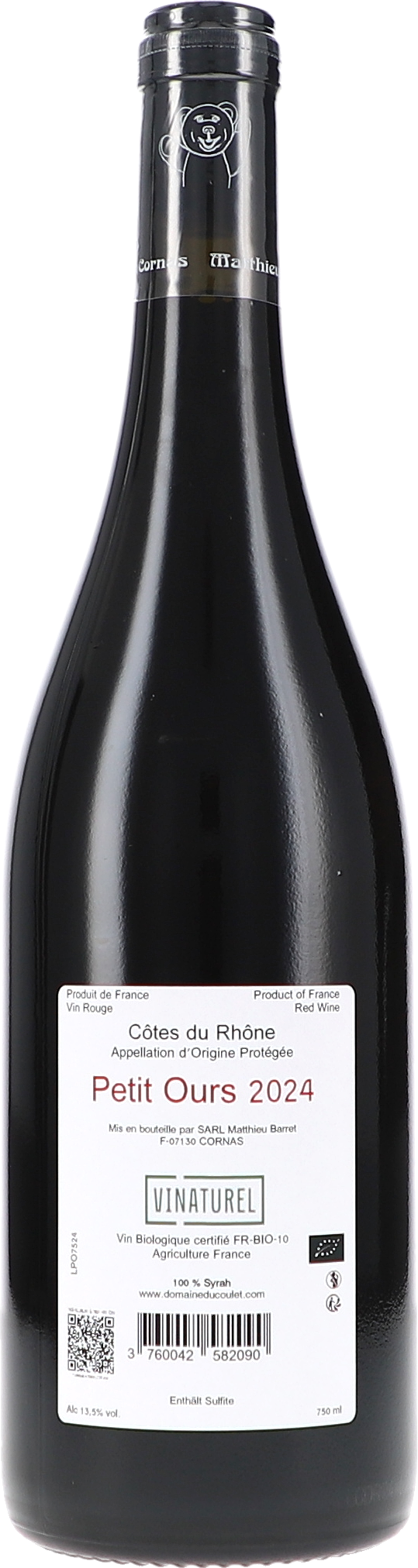 vin rouge, bouteille vin, Côtes du Rhône, Petit Ours 2024, vin biologique