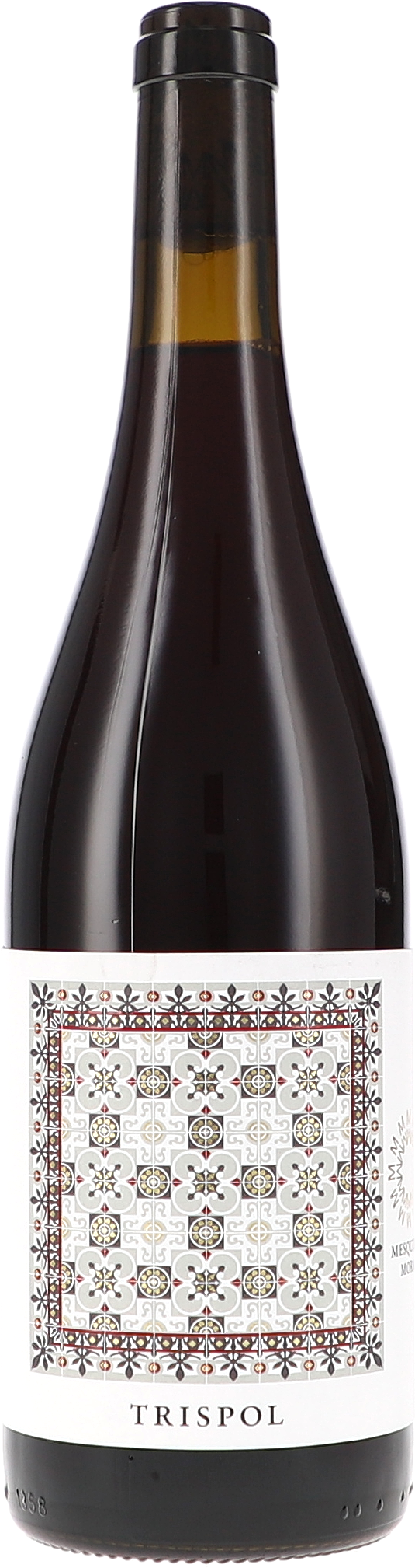 Rotwein, Weinflasche, dunkles Glas, Etikett mit Ornamentmuster
