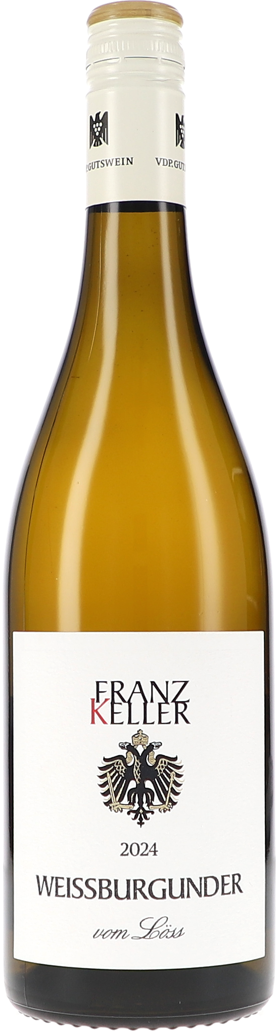 Weissburgunder, Weißwein, Flasche, Holzverschluss, Label Frantz Keller