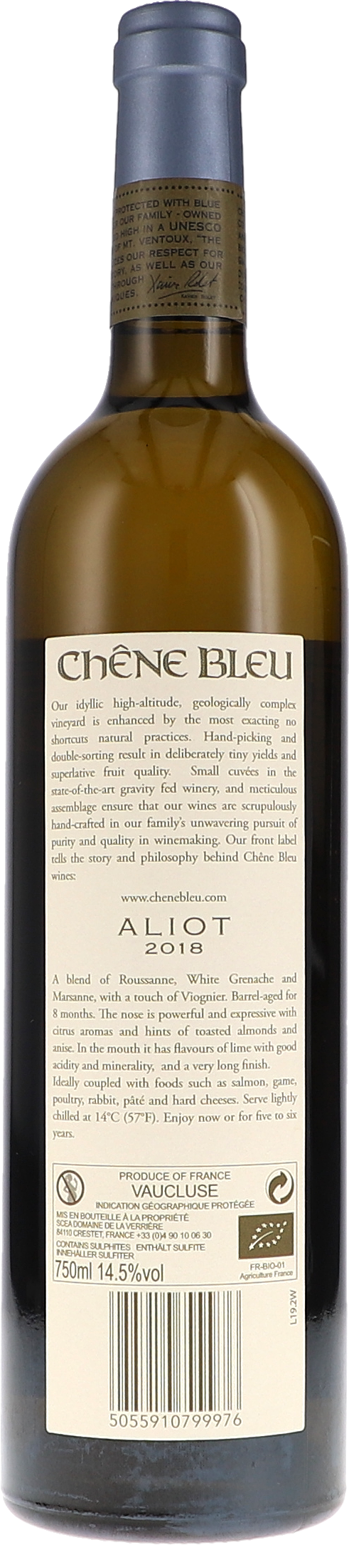 weiße Flasche, Weinflasche, Etikettentext, blauer Kapsel, braune Glasflasche