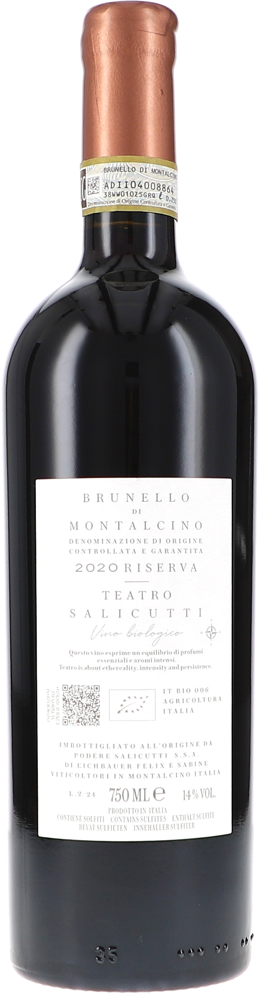 Rotwein, Brunello di Montalcino, Riserva 2020, Glasflasche, Kupferfarbene Kapsel