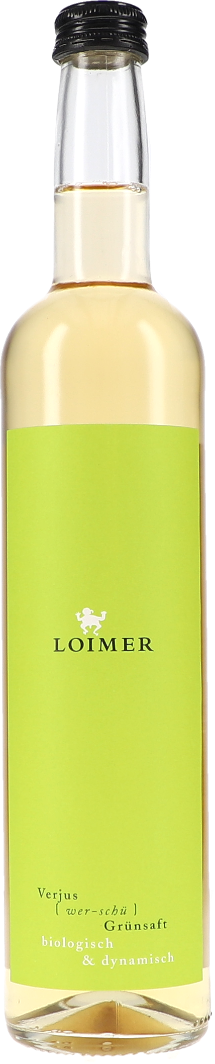 Verjus Grünsaft glossy Flasche, klarer Inhalt, grüne Etikette, Glasflasche, Verjus?