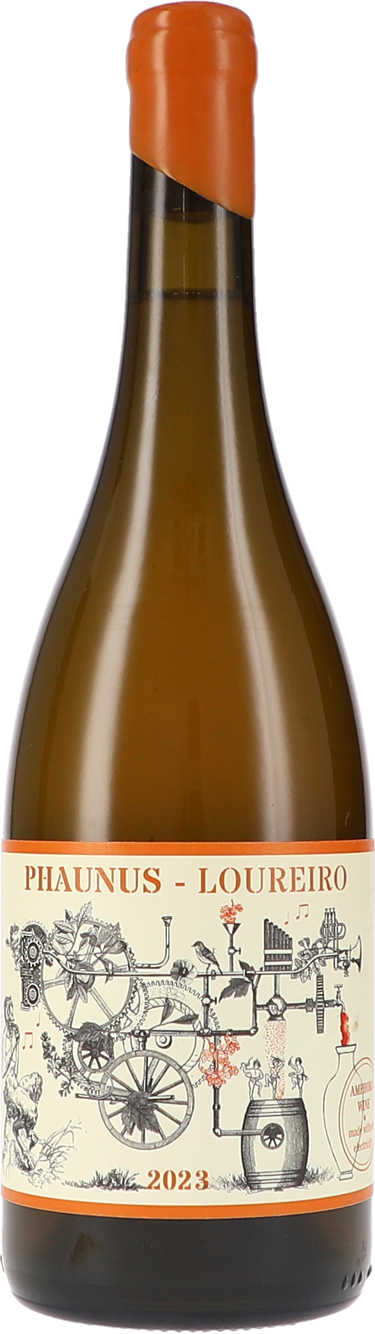 Phaunus Loureiro, Amphora Weißwein, Weinflasche, Glasflasche, orangefarbene Kapsel, Etikett mit Illustration