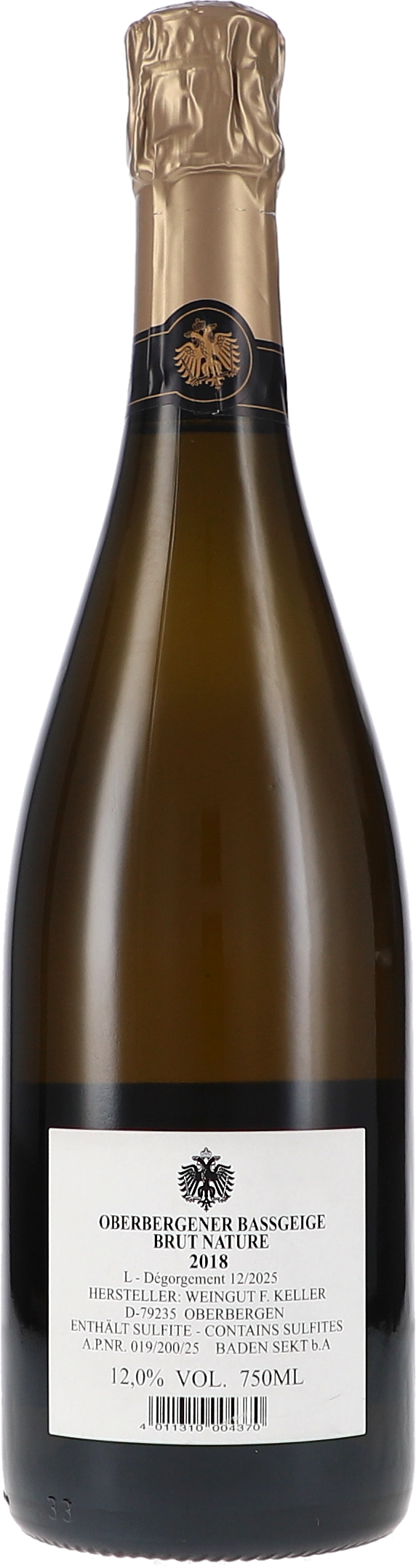 Sekt, Brut Nature, Jahrgang 2018, Dunkle Glasflasche, Goldene Kapsel