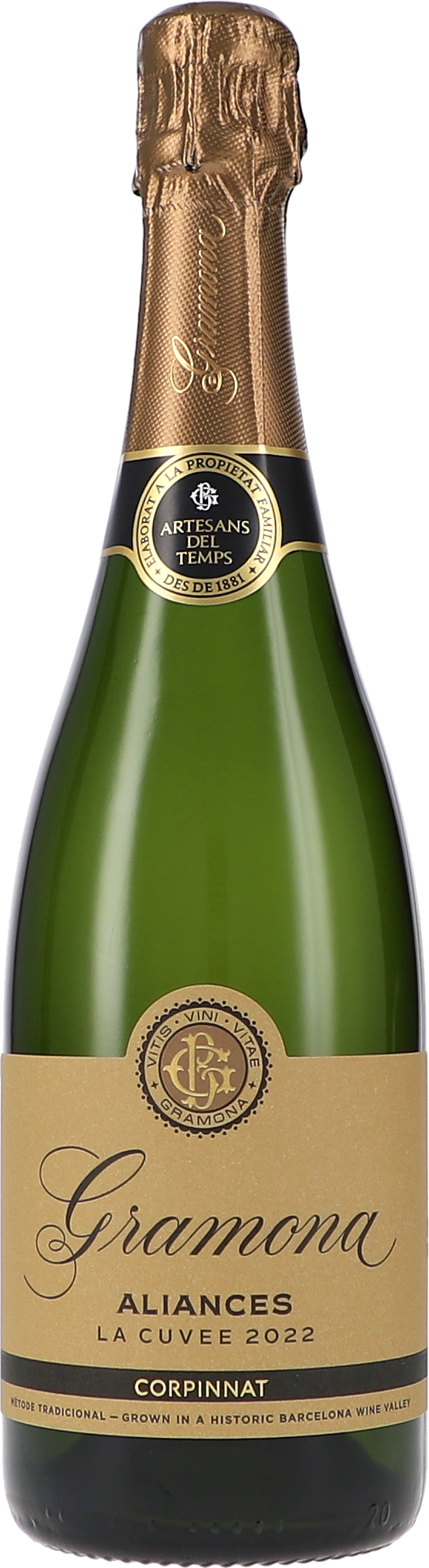 Schaumwein, Grüne Glasflasche, Goldenes Etikett, Korken mit Folie, Jahrgang 2022