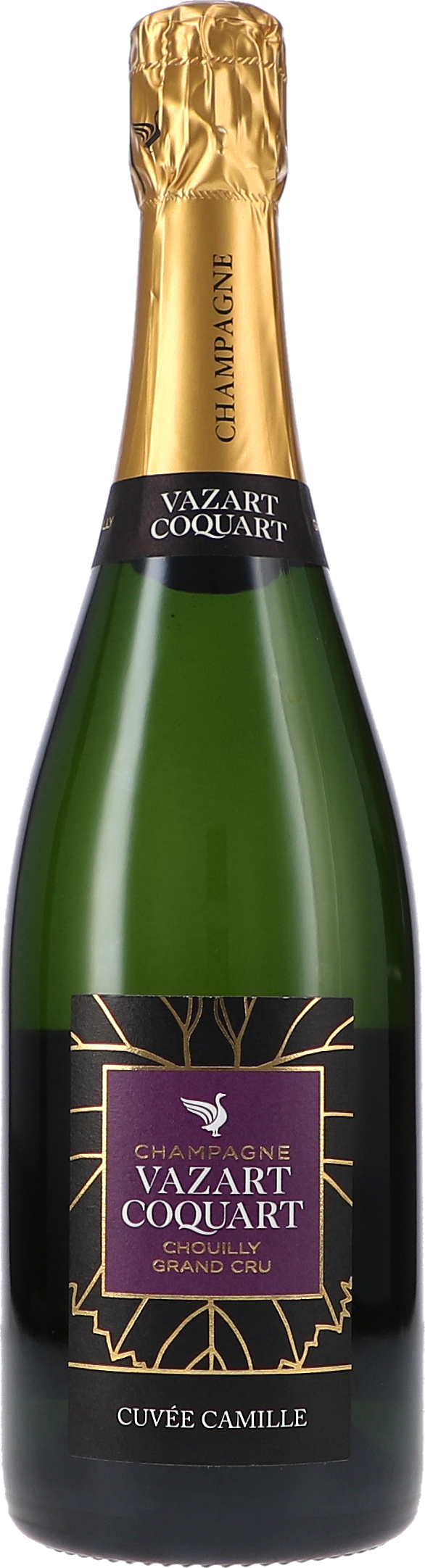 Cuvée Camille, Chouilly Grand Cru L2023 Champagner, Grüne Glasflasche, Goldene Folie, Schwarzes Etikett, Grand Cru