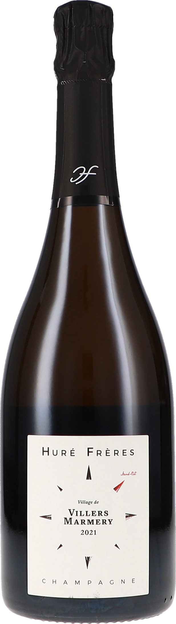 Champagnerflasche, Braunglas, Schwarze Folienkapsel, Cremefarbenes Etikett, Jahrgang 2021