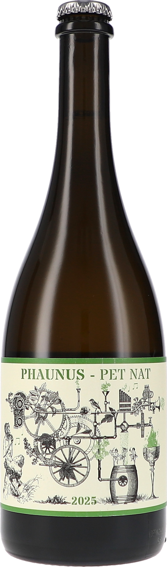 Phaunus Pet Nat Brut Pet-Nat-Wein, braune Glasflasche, Kronkorken, cremefarbenes Etikett, illustriertes Etikett