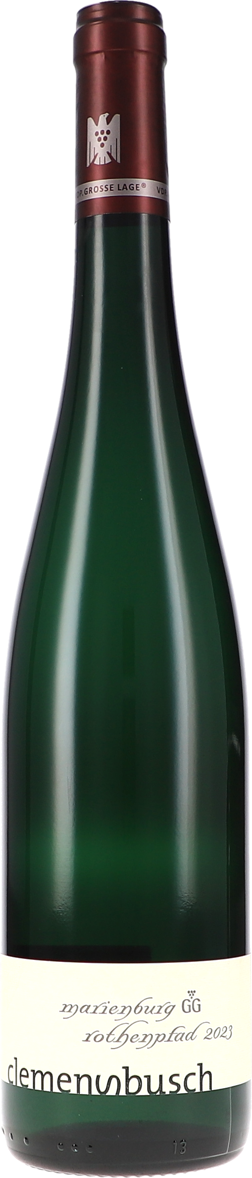 Riesling Marienburg Grosses Gewächs "Rothenpfad" champagne flute, grüner flaschenhals, Korken Siegel, Weinlabel, glänzende Flasche