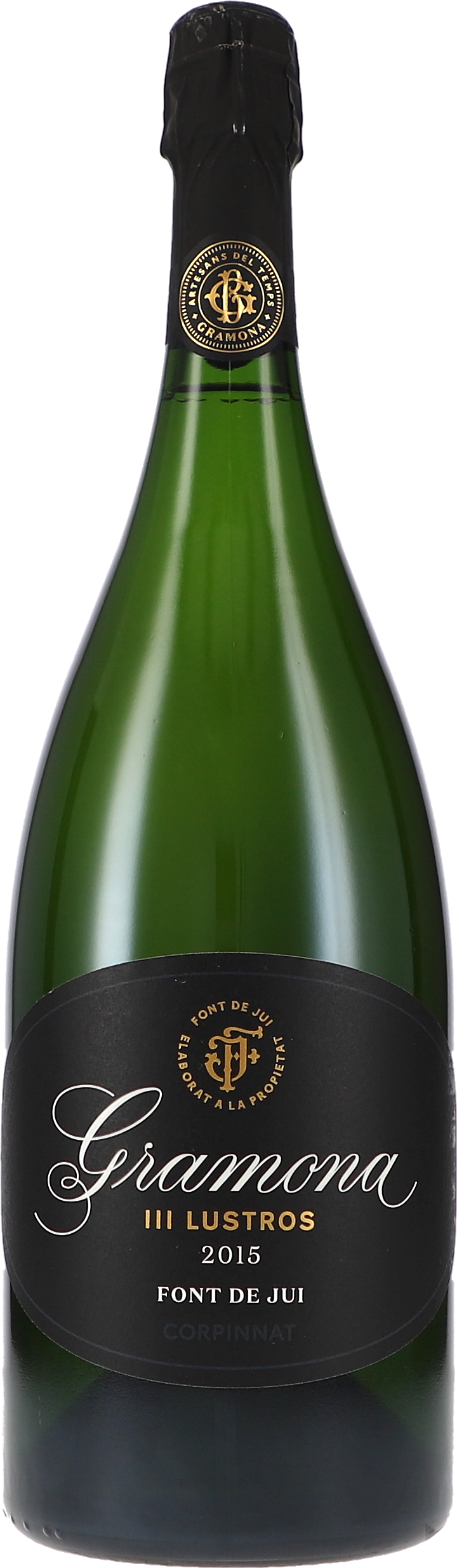 III Lustros, Font de Jui, Brut Nature Schaumwein, Grüne Glasflasche, Schwarzes Etikett, Korkverschluss, Jahrgang 2015