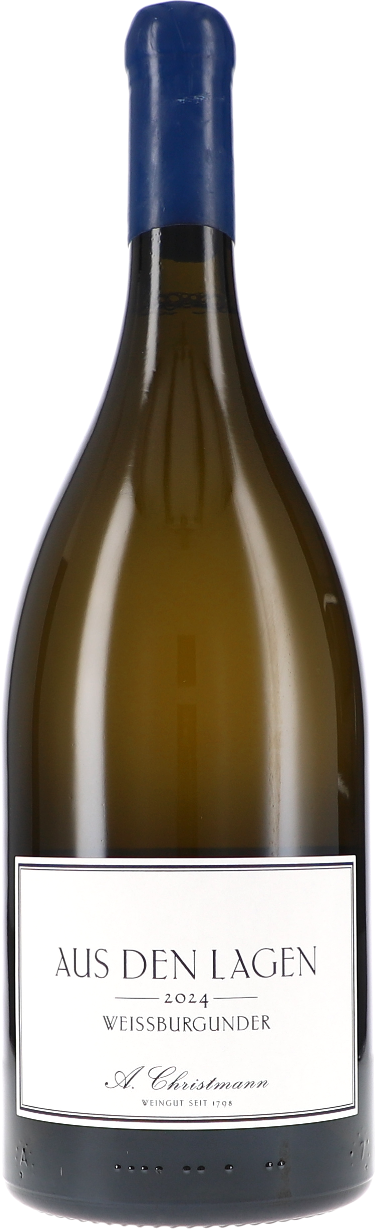 "Aus den Lagen" Weissburgunder Weißwein, Weinflasche, Korkverschluss, Weingut-Außensignale, Aus den Lagen