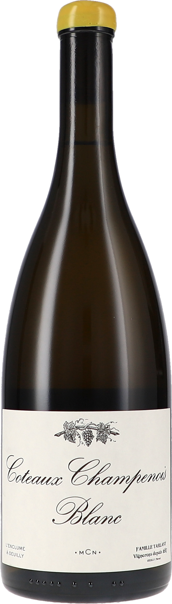 Weinflasche, Weißwein, dunkles Glas, gelber Verschluss, cremefarbenes Etikett