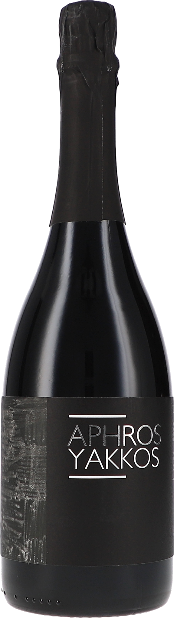 Aphros Yakkos Espumante Tinto Brut Schaumwein, dunkle Glasflasche, schwarzes Etikett, Folienverschluss