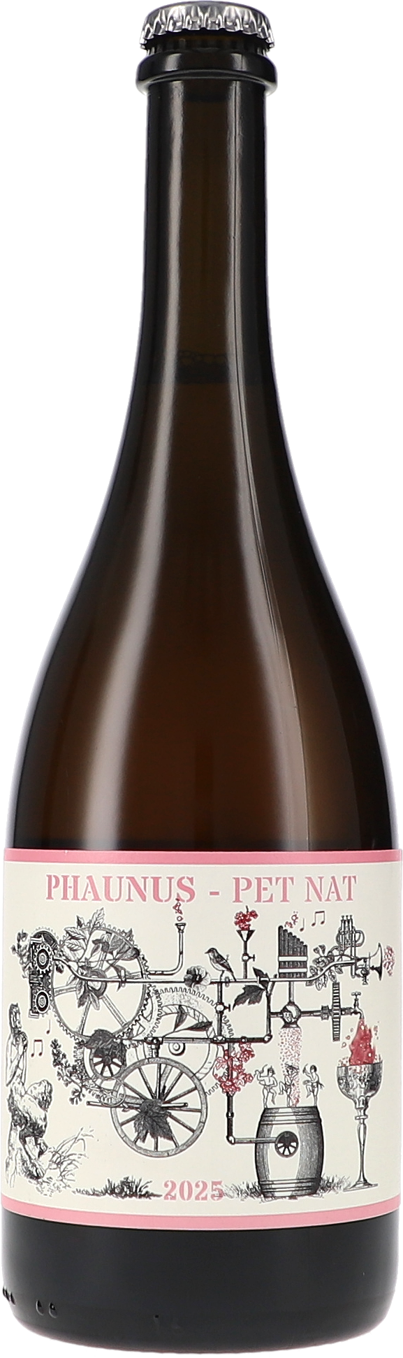 Phaunus Pet Nat Rose Pet-Nat, Weinflasche, Braunglas, Kronkorken, Illustration auf Etikett