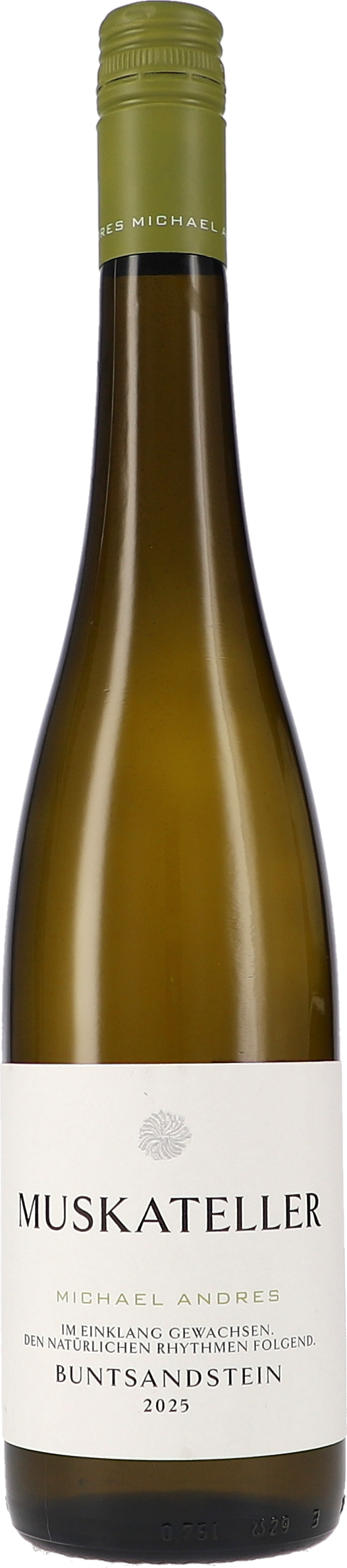 Muskateller, Buntsandstein Weißwein, Weißweinflasche, Glasflasche, Buntsandstein, Muskatteller, 2025