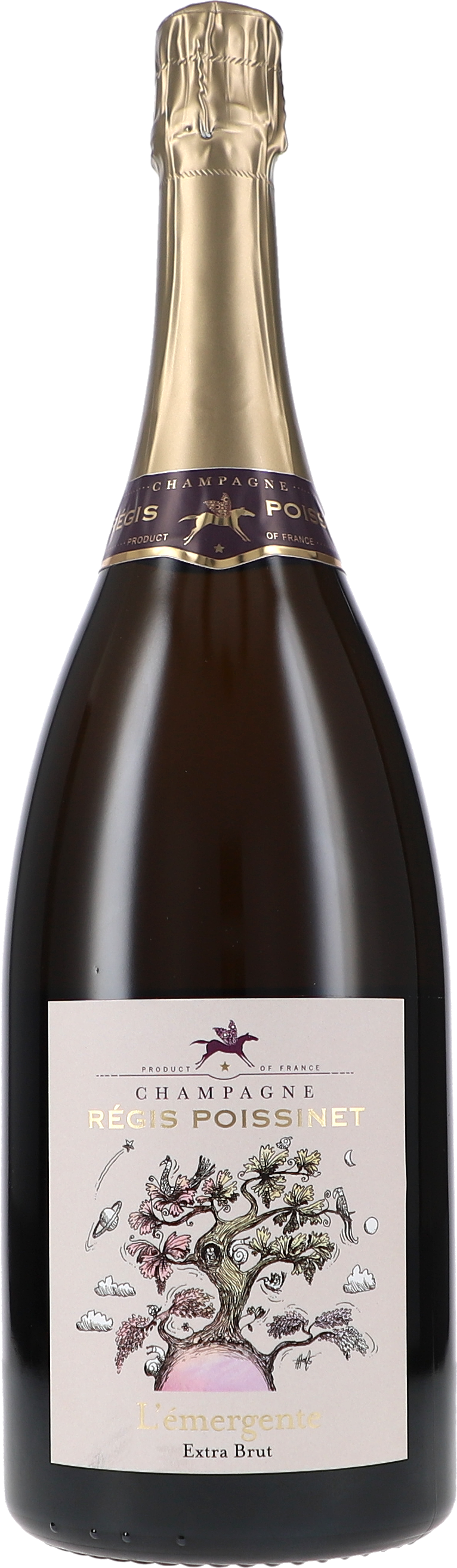 Champagner, Extra Brut, dunkle Glasflasche, Goldfolie, Baumillustration