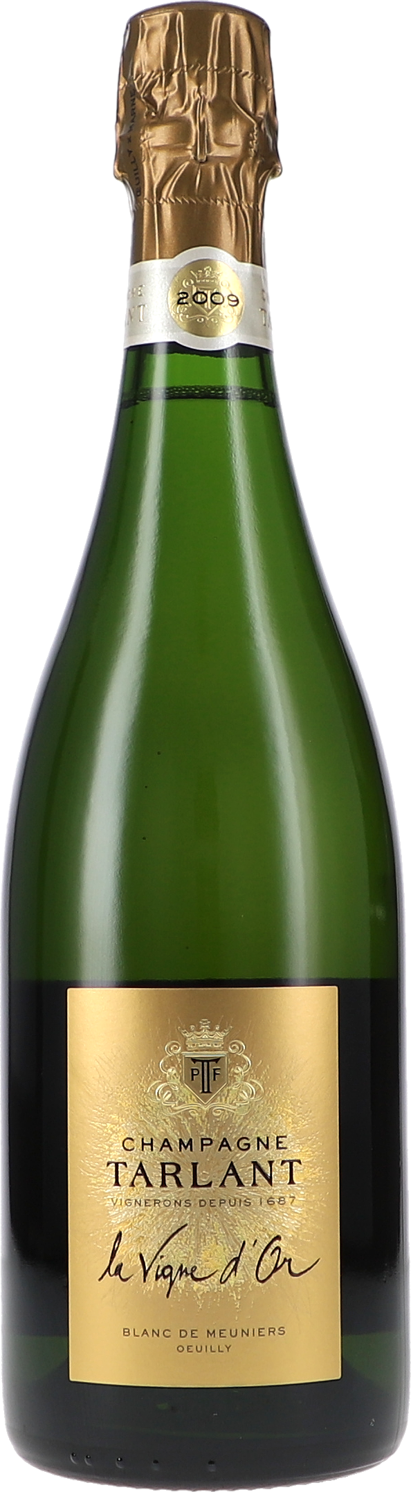 Champagner, Grüne Flasche, Goldenes Etikett, Jahrgang 2009, Blanc de Meuniers