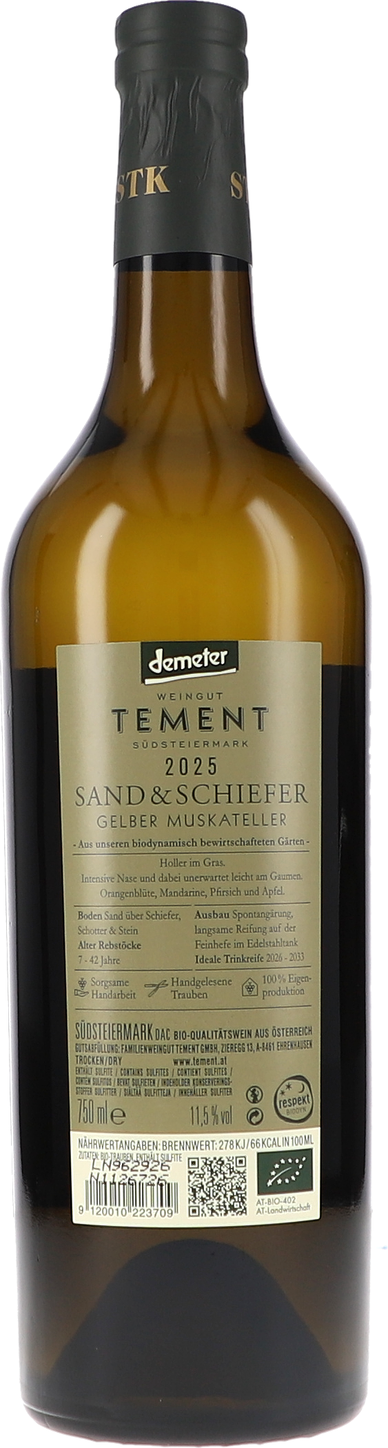 weisswein, gelber muskateller, sand & schiefer, 750 ml, weingut temement, Weißwein, Sand & Schiefer, Gelber Muskateller, Weinflasche, Südsteiermark