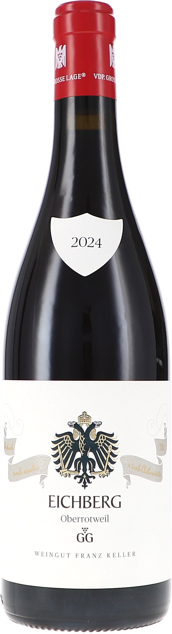 Weinflasche, Rotwein, Jahrgang 2024, dunkle Glasflasche, Weißweinetikett